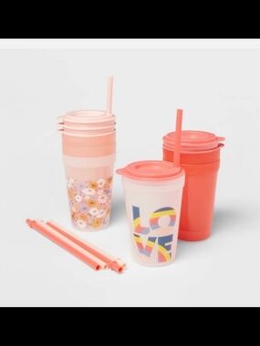 Pillowfort Reusable Pink & Coral Travel Tumblers with Straw - 18 Pc